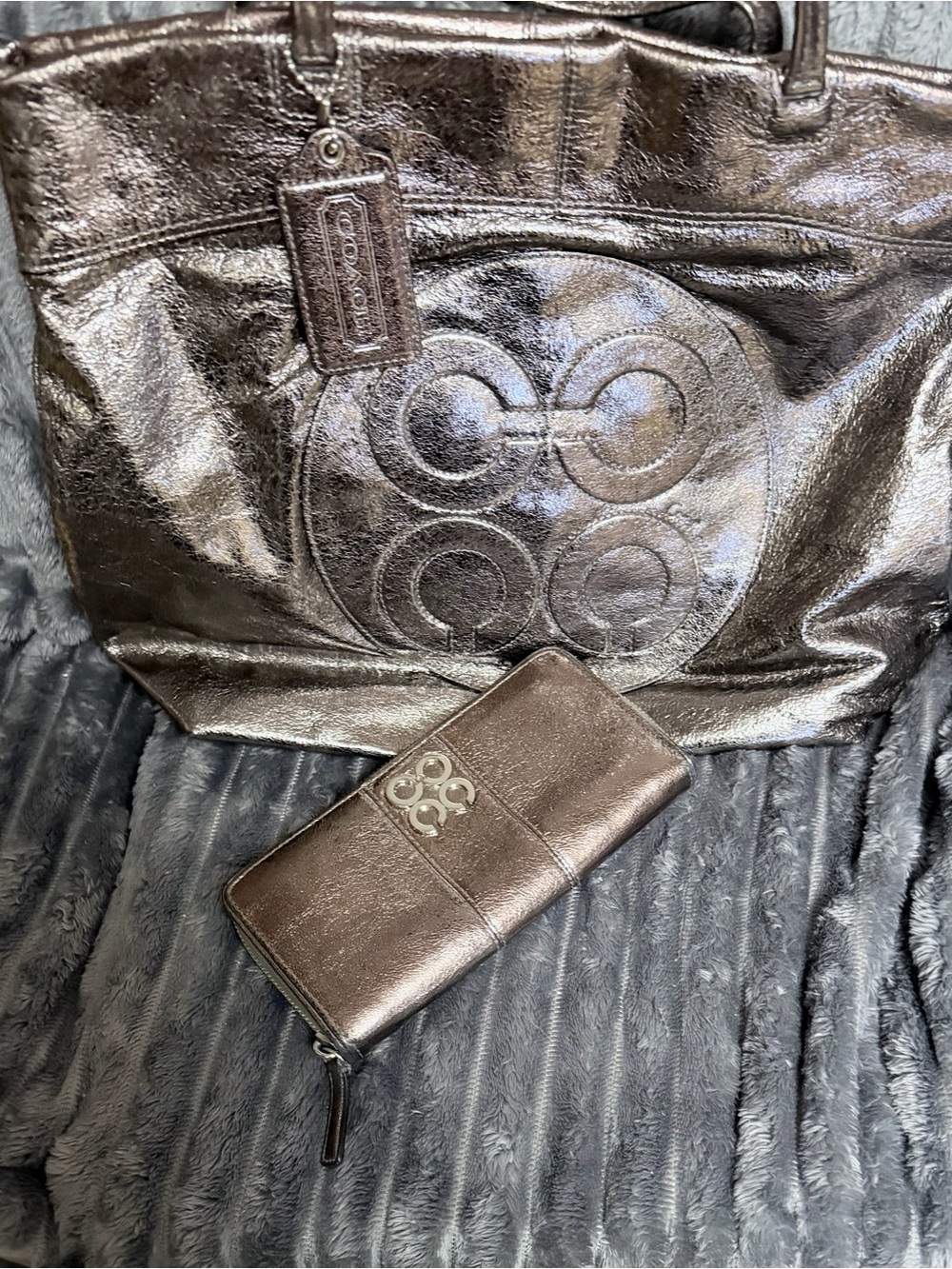 Vintage Coach Metallic Bronze Leather Tote and Wallet Set